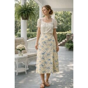 Vintage  Lizsport Linen‎ Wrap Skirt Size 6 Blue Floral Cottagecore 90s Romantic